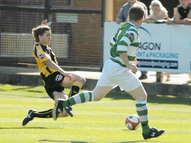 Mikel Suarez shoots before Newsham follows up for the first Boston goal